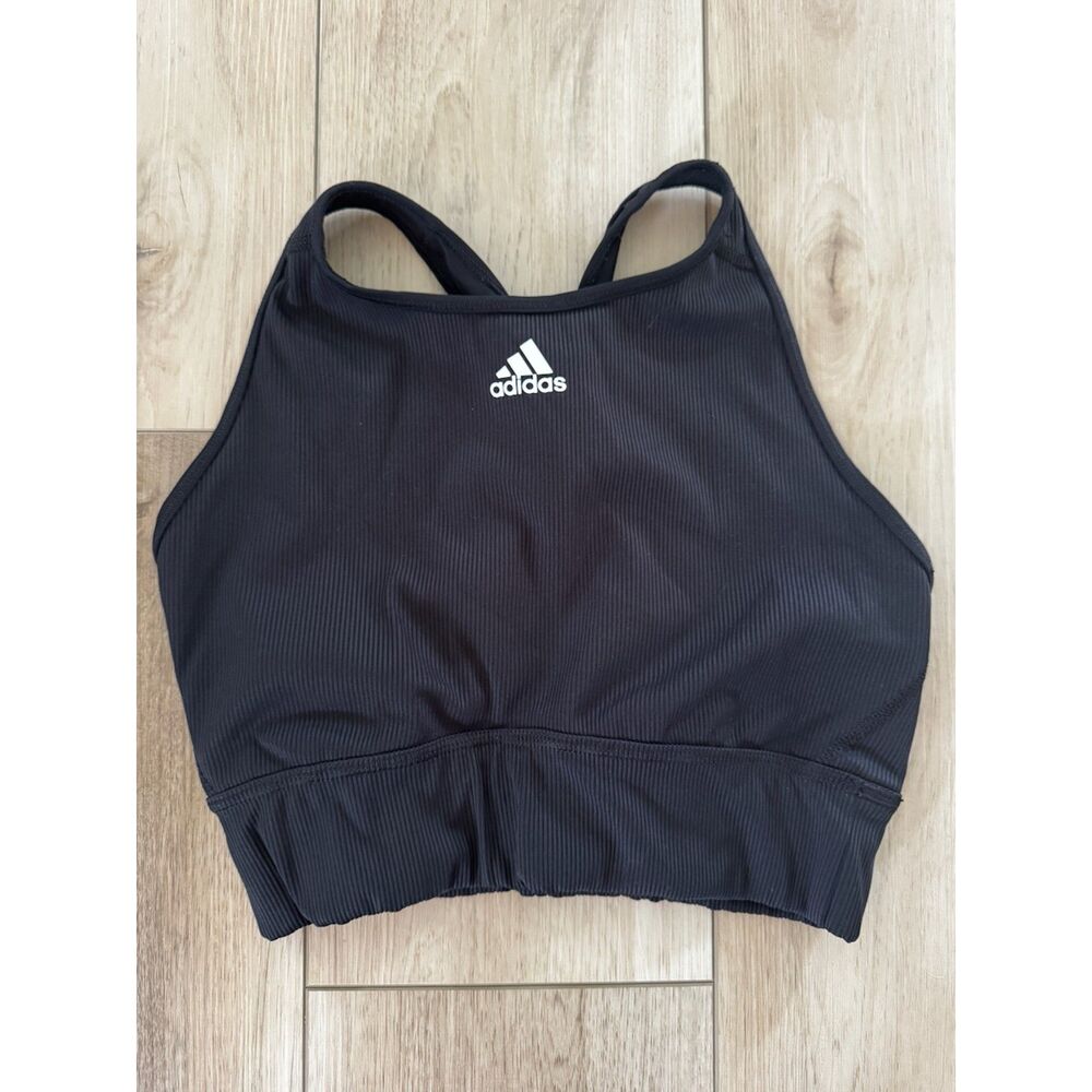 Adidas Longline Sports Bra Black Ribbed Crop Halter Racerback Primegreen Medium